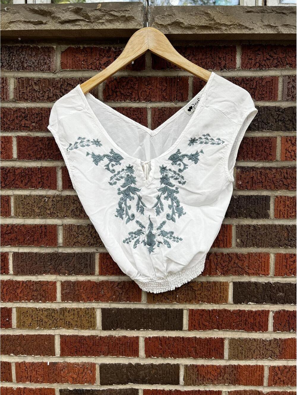 Poof! White and Dusty Blue Embroidered Sleeveless Smocked Top